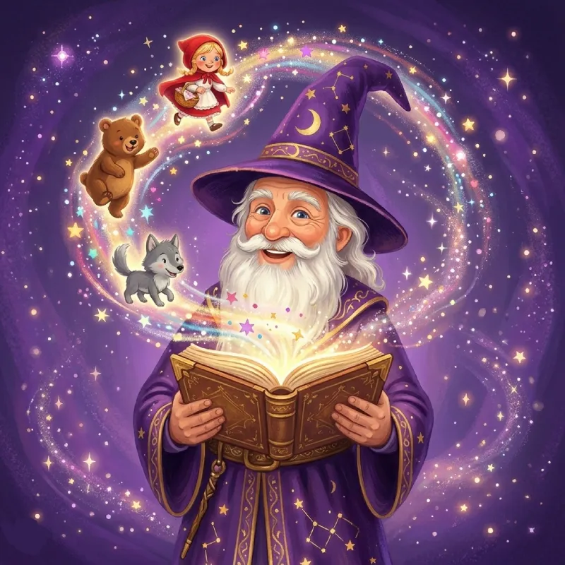 Pohádkový Kouzelník s kouzelnou knihou, ze které vyletávají pohádkové postavy